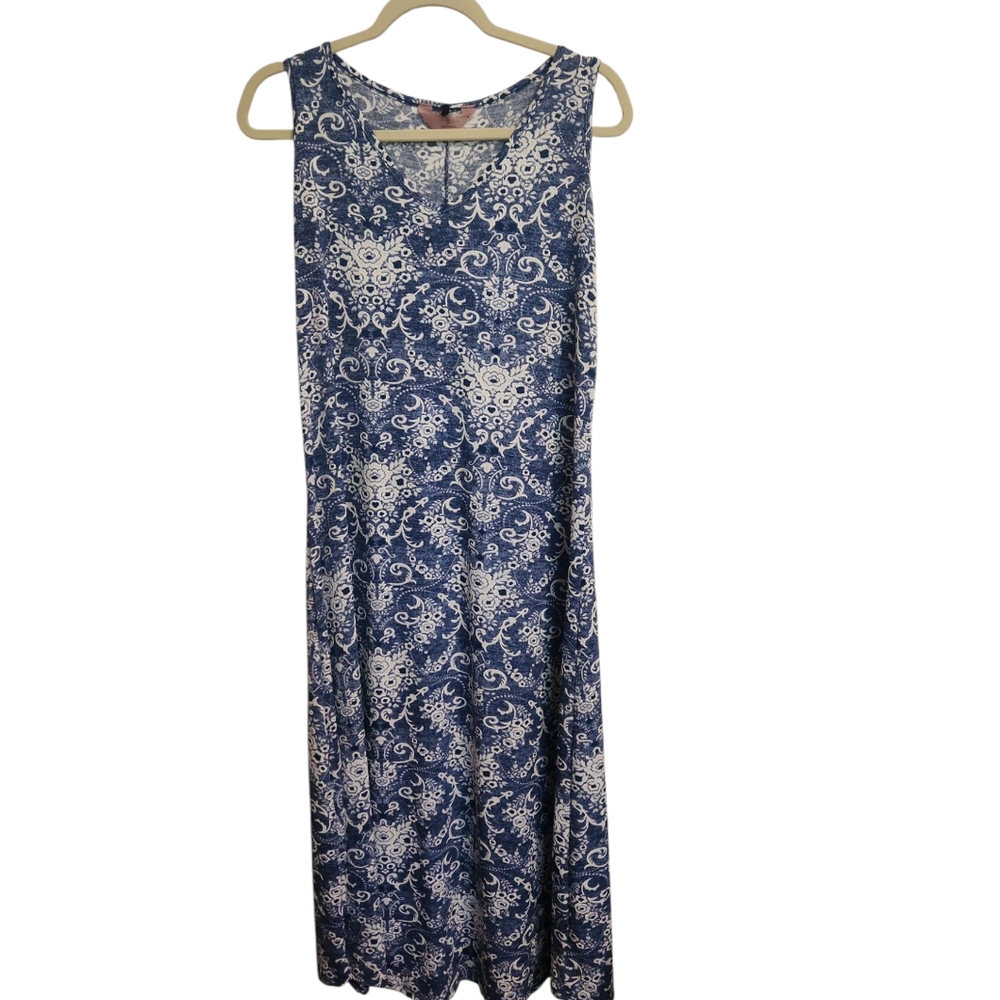 SJS Blue & White Sleeveless  Sundress Petite Medium